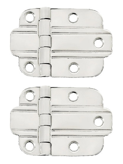 Pair of Solid Brass Art Deco Surface Cabinet Hinges in Polished Nickel.